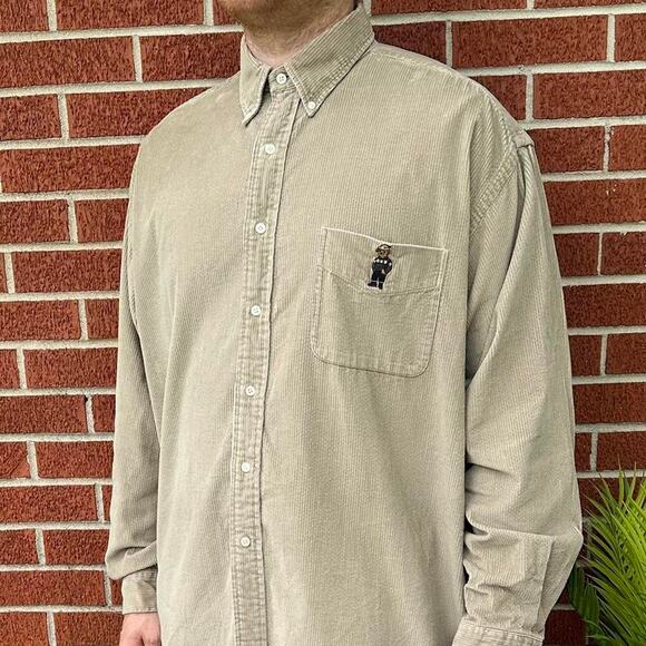 Vintage ralph lauren polo bear corduroy button up shirt with embroidered bear